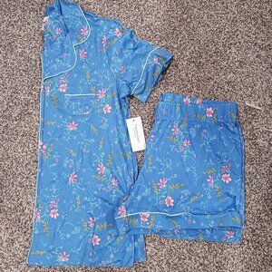 Shortie pajama set with button down top, blue floral